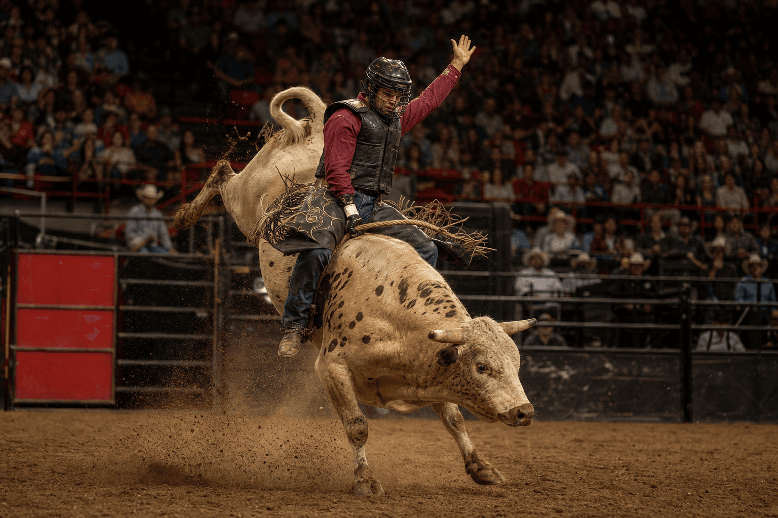 The Bull Thing PBR: bull riding arena action.